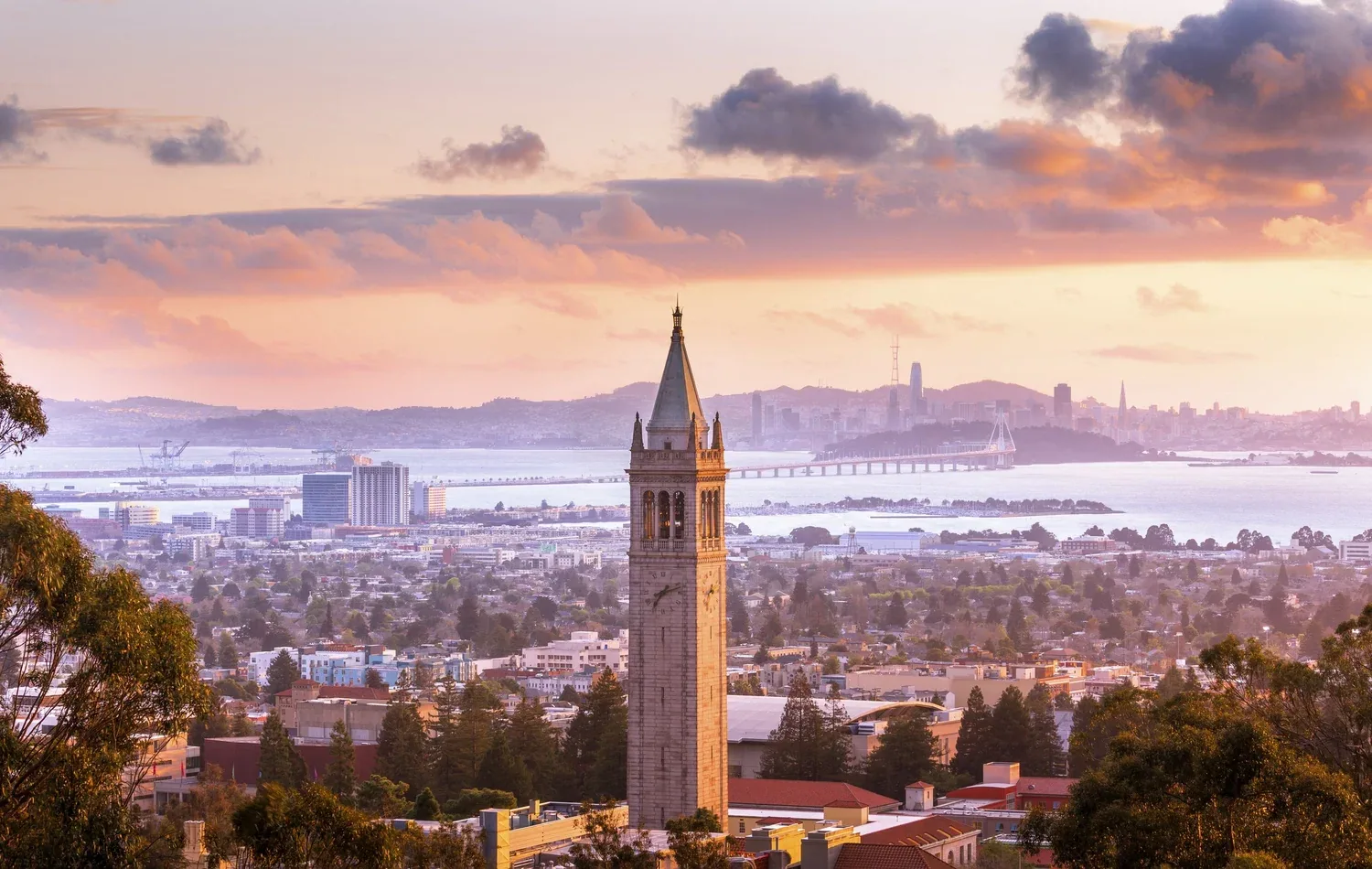 Sather Tower and the Berkeley flats at sunset